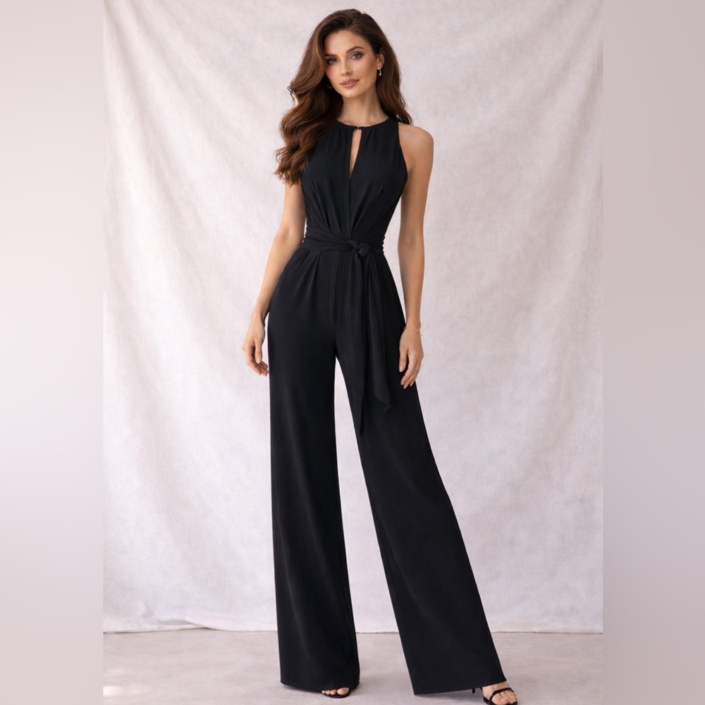WHBM Black Sleeveless Wide Leg Keyhole Jumpsuit NWOT Size L (fits M-L)